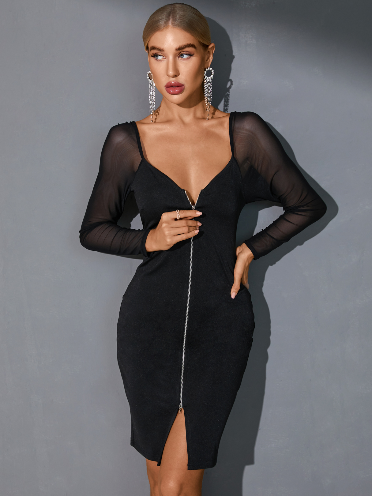 YOINS Black Mesh Patchwork Zip Front V-neck Long Sleeves Dress