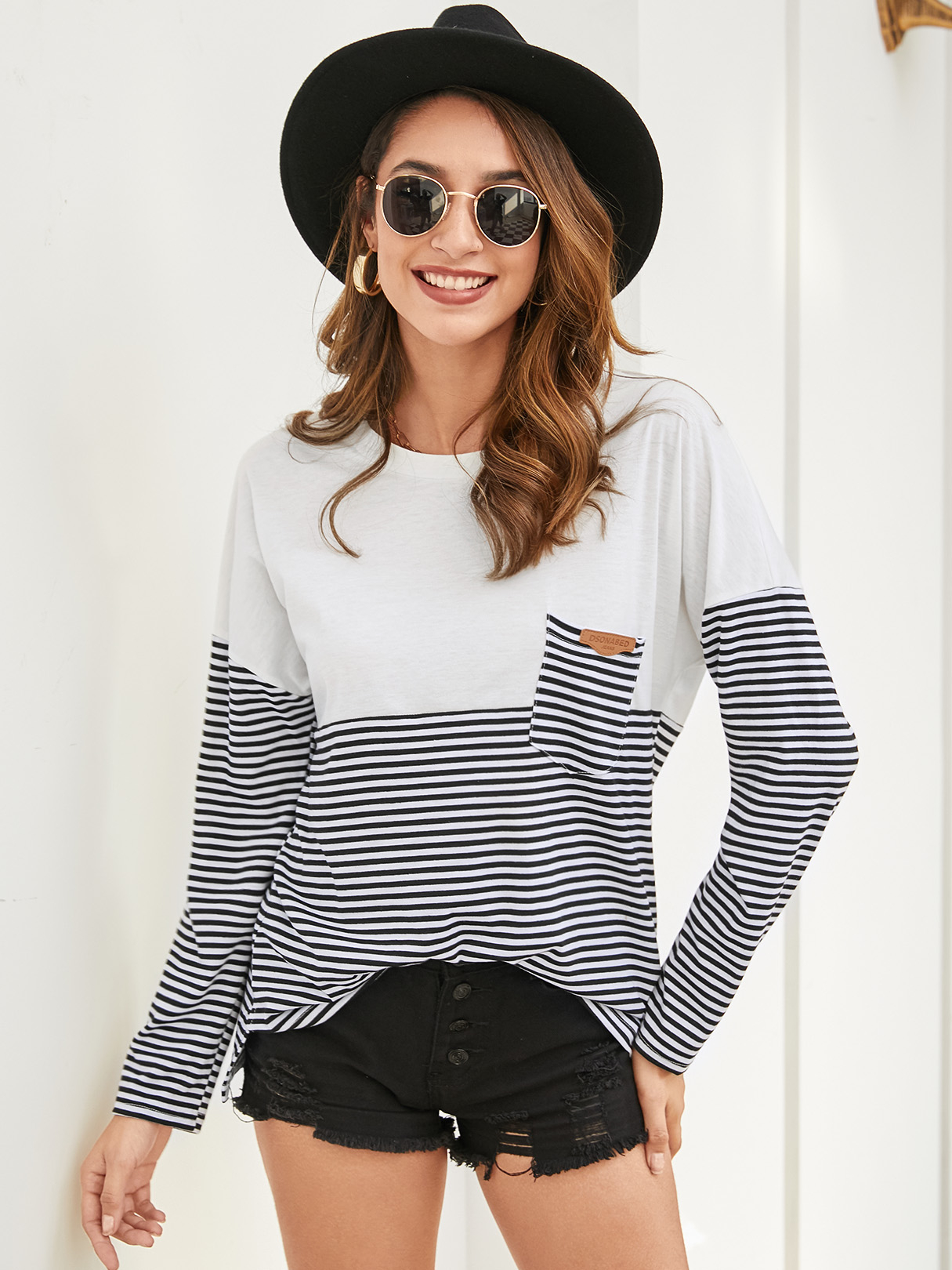 YOINS BASICS Black Pocket Design Patchwork Round Neck Long Sleeves Tee