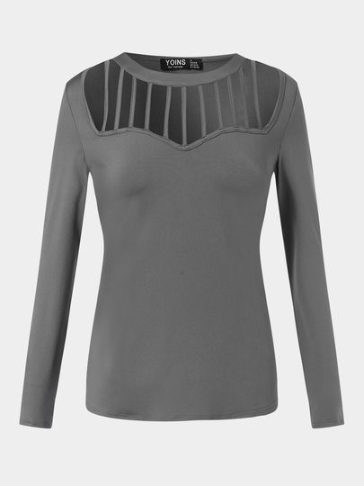 YOINS Grey Cut Out Round Long Sleeves Neck Tee