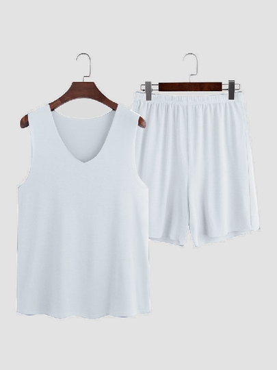 INCERUN Men Casual Sleeveless V-Neck Tanks Shorts Sleepwear Pajamas Sets