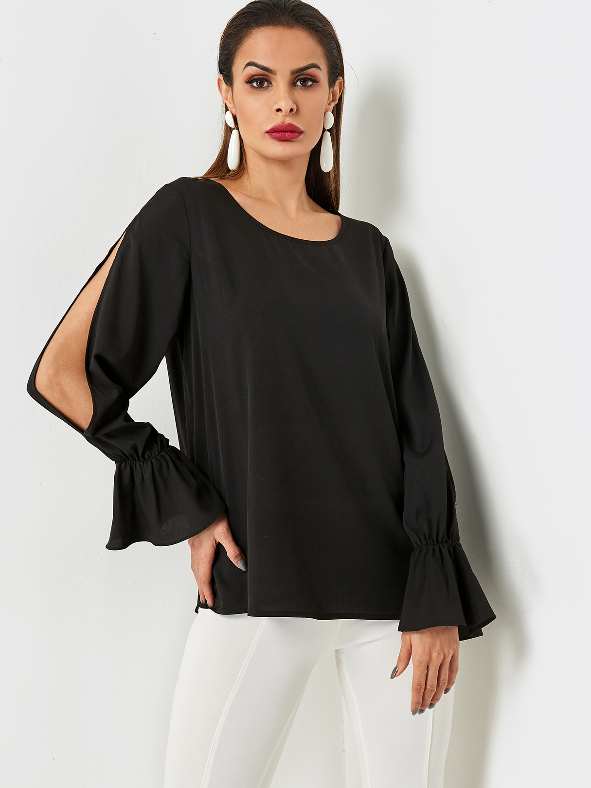 Black Round Neck Cut Out Design Sleeves Blouse