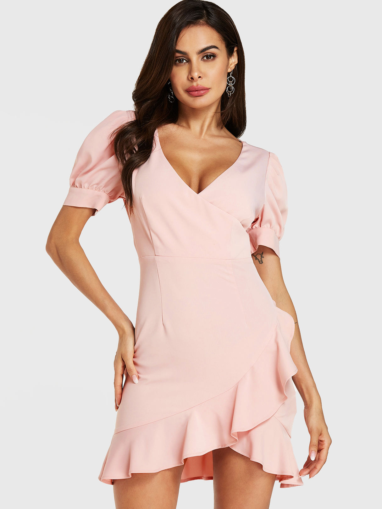 YOINS Pink V-neck Puffy Sleeves Ruffle Hem Dress