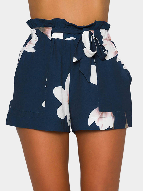 Navy Random Floral Print Self-tie Design Shorts