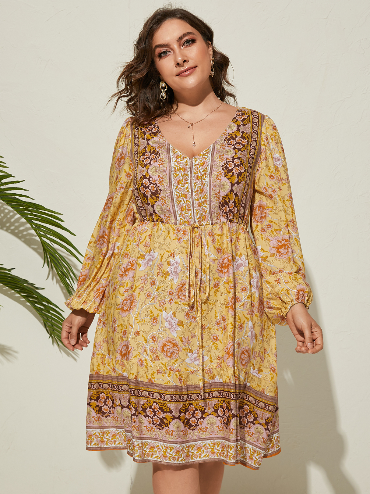 YOINS Plus Size V-neck Tribal Tie-up Design Long Sleeves Dress