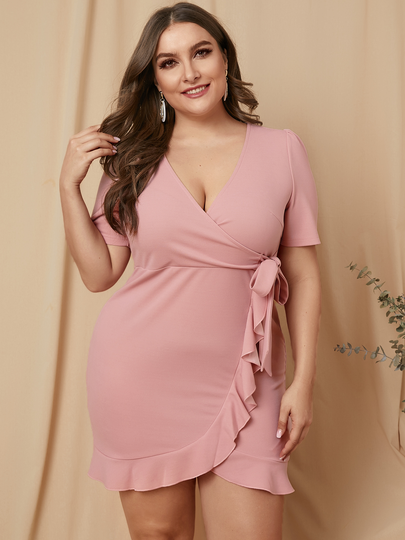 YOINS Plus Size Ruffle Trim Deep V Neck Short Sleeves Dress