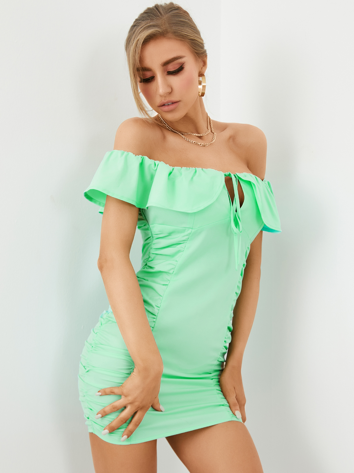 YOINS Off the shoulder Ruffle trim Tie-up design Ruched Mini Dress