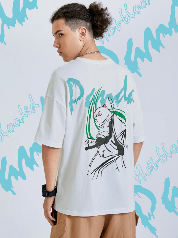 Men 100% Cotton Comfortable Panda Cartoon And Letter T-Shirt