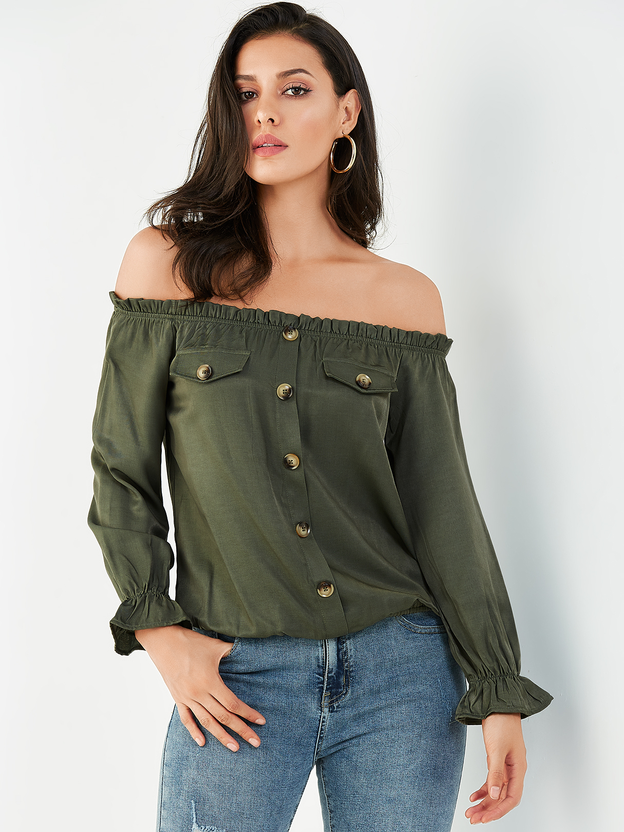 YOINS Army Green Button Front Off The Shoulder Pleated Blouse
