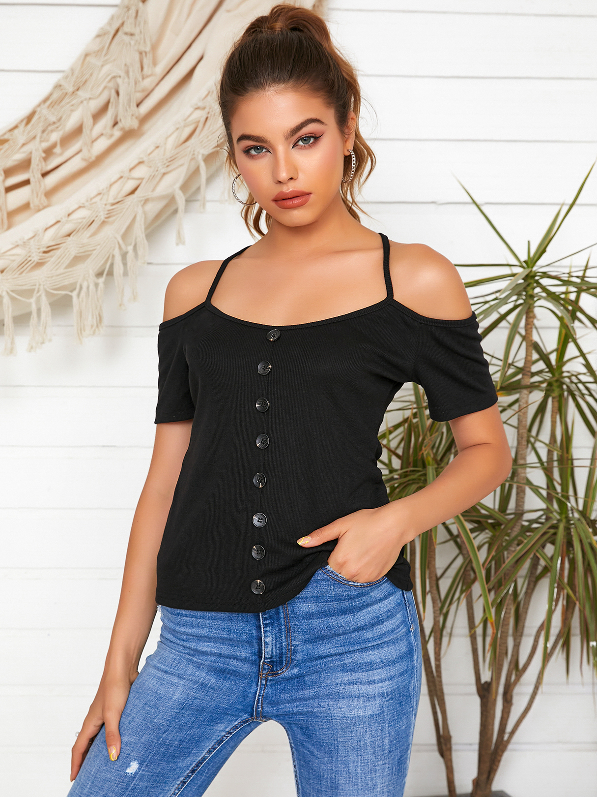 YOINS Black Cold Shoulder Button Front Short Sleeves Tee