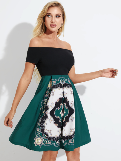 YOINS Black Scarf Print Off The Shoulder Short Sleeves Dress