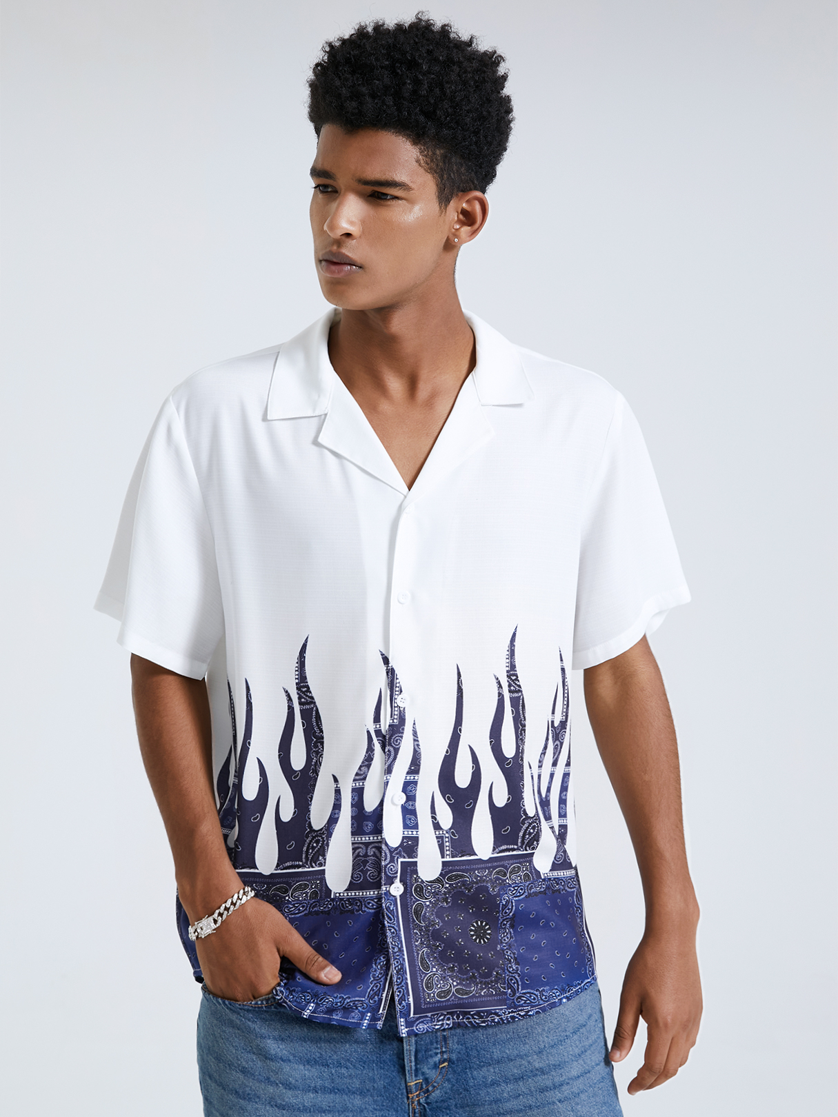 Men Paisley Fire Print Summer Shirt
