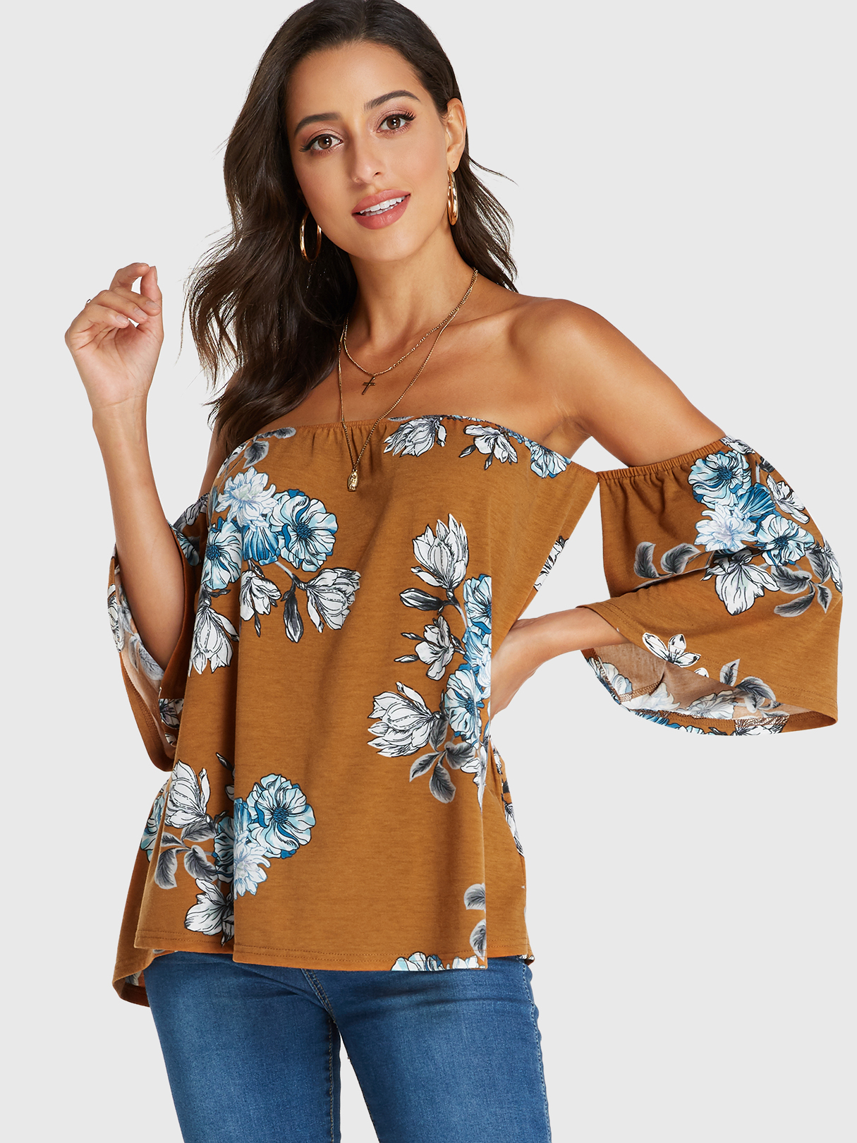 YOINS Brown Random Floral Print Off Shoulder Tee