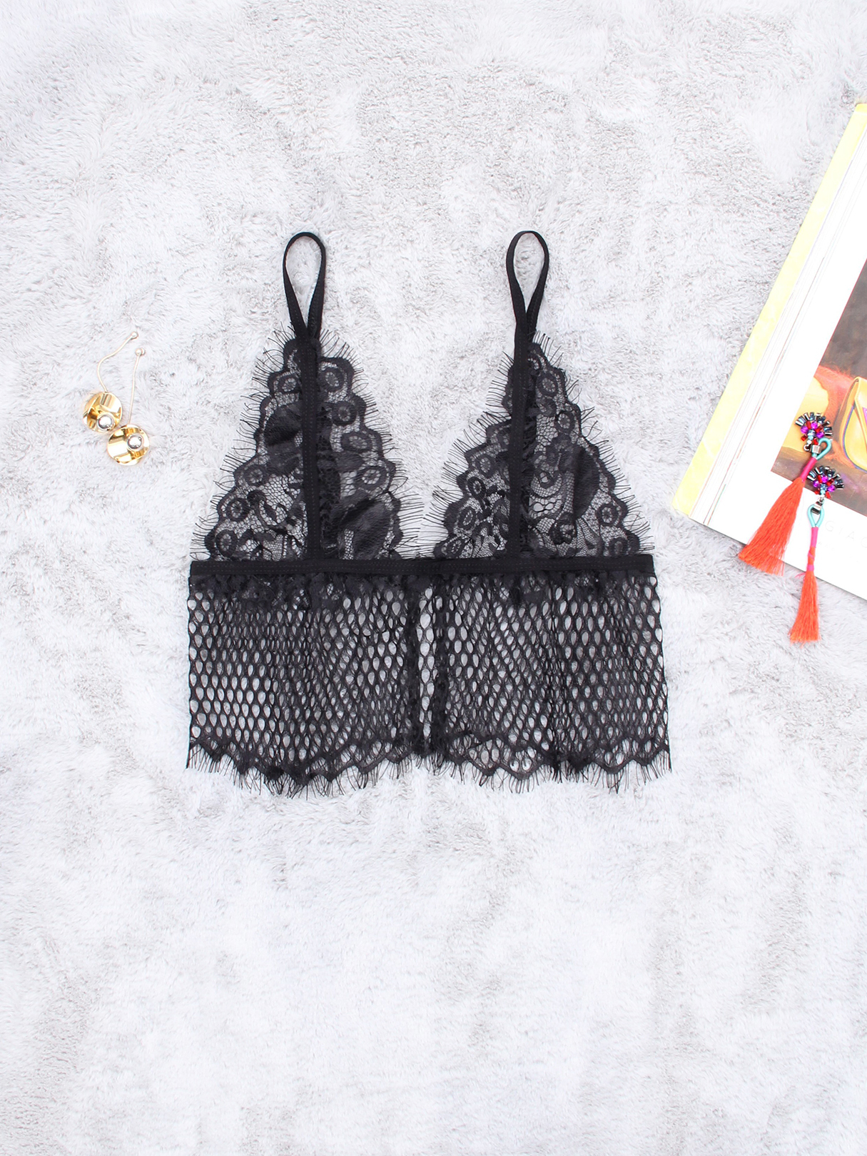 Black Sexy V-neck Lace See-through Bralette Top
