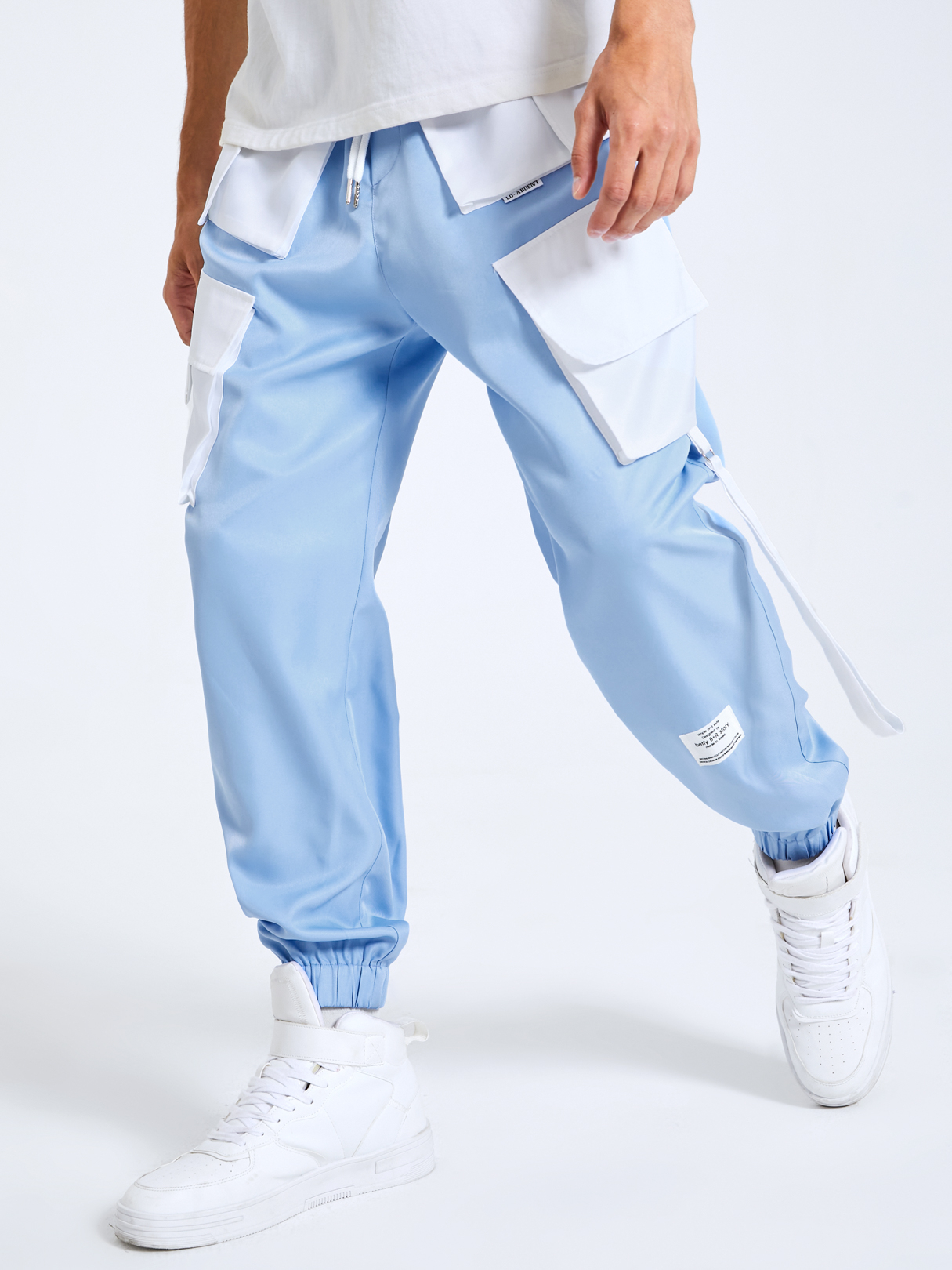 Men Fashion Color Block Ribbons Design Multi Pockets Cargo Pants