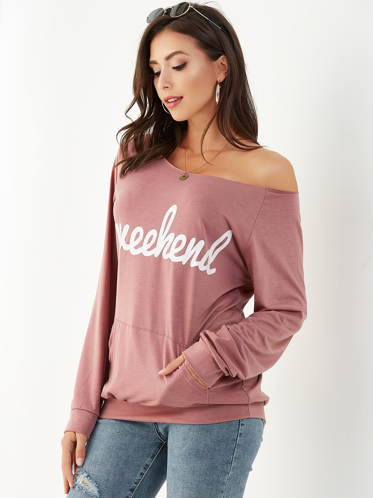 Pink Letter One Shoulder Side Pockets Sweatshirt