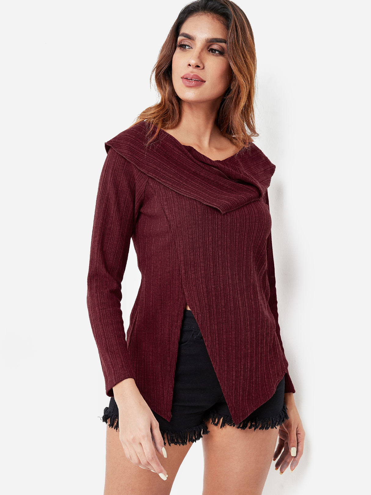 Burgundy Asymmetrical Turtleneck Slit Top