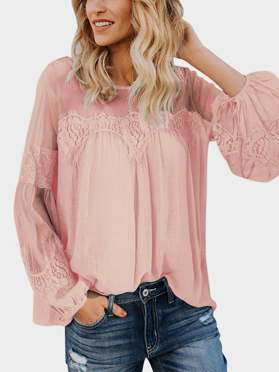Pink Lace Insert Round Neck Long Mesh Sleeves Blouse