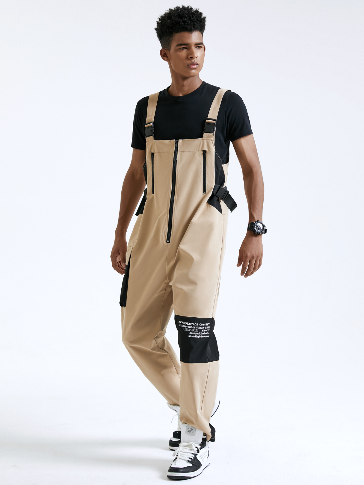 Men Street Style Color Block Letter Print High Waist Bib Suspender Overalls Jumpsuit