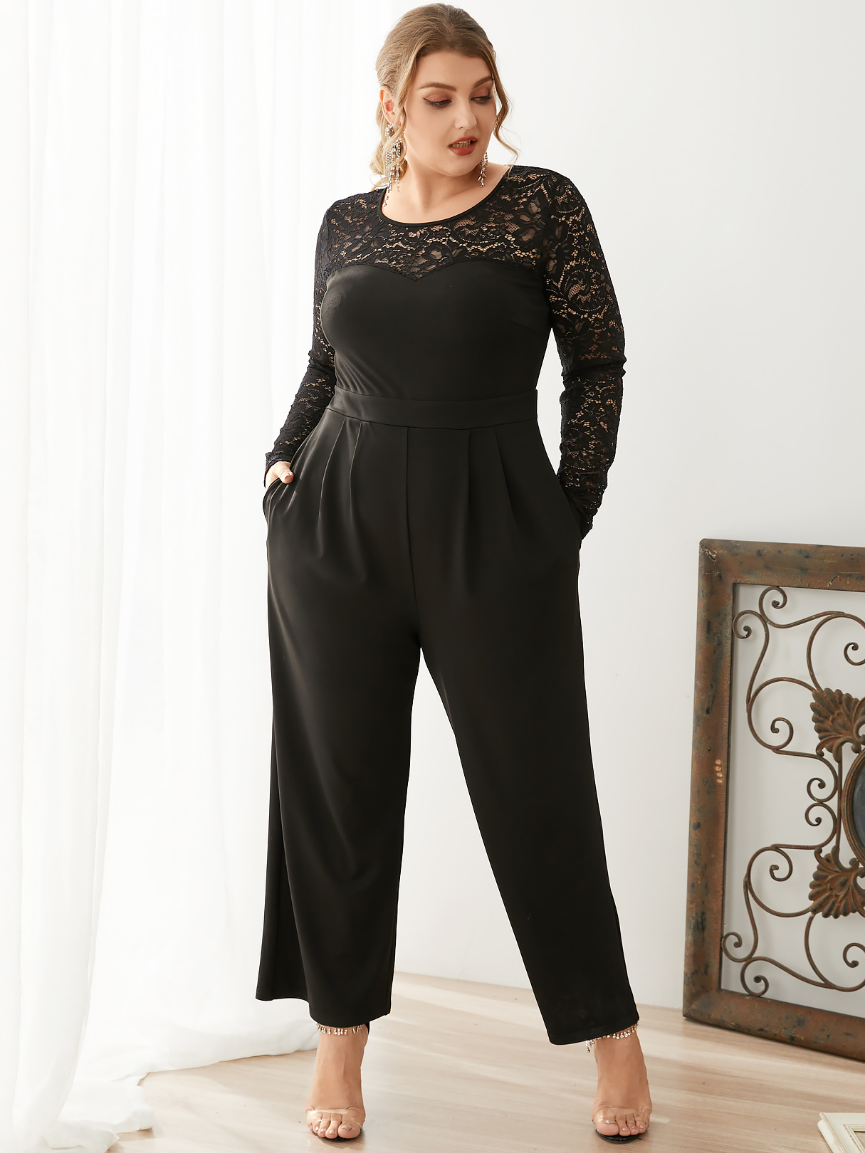 YOINS Plus Size Crew Neck Button Keyhole Design Lace Long Sleeves Jumpsuit