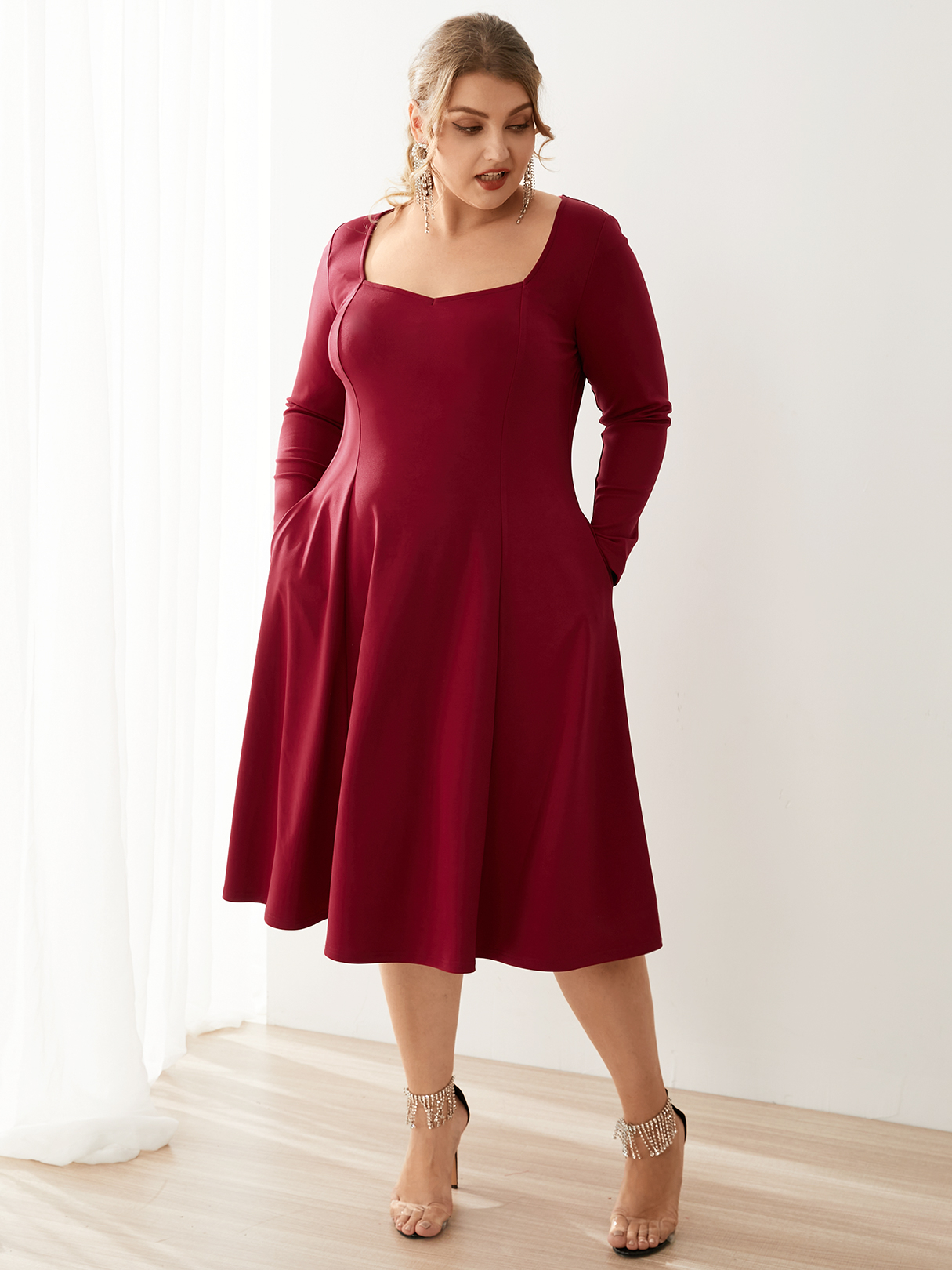 YOINS Plus Size Square Neck Side Pockets Long Sleeves Dress