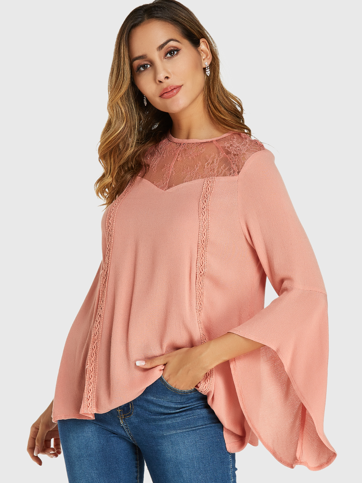 YOINS Pink Lace Insert Bell Sleeves Blouse