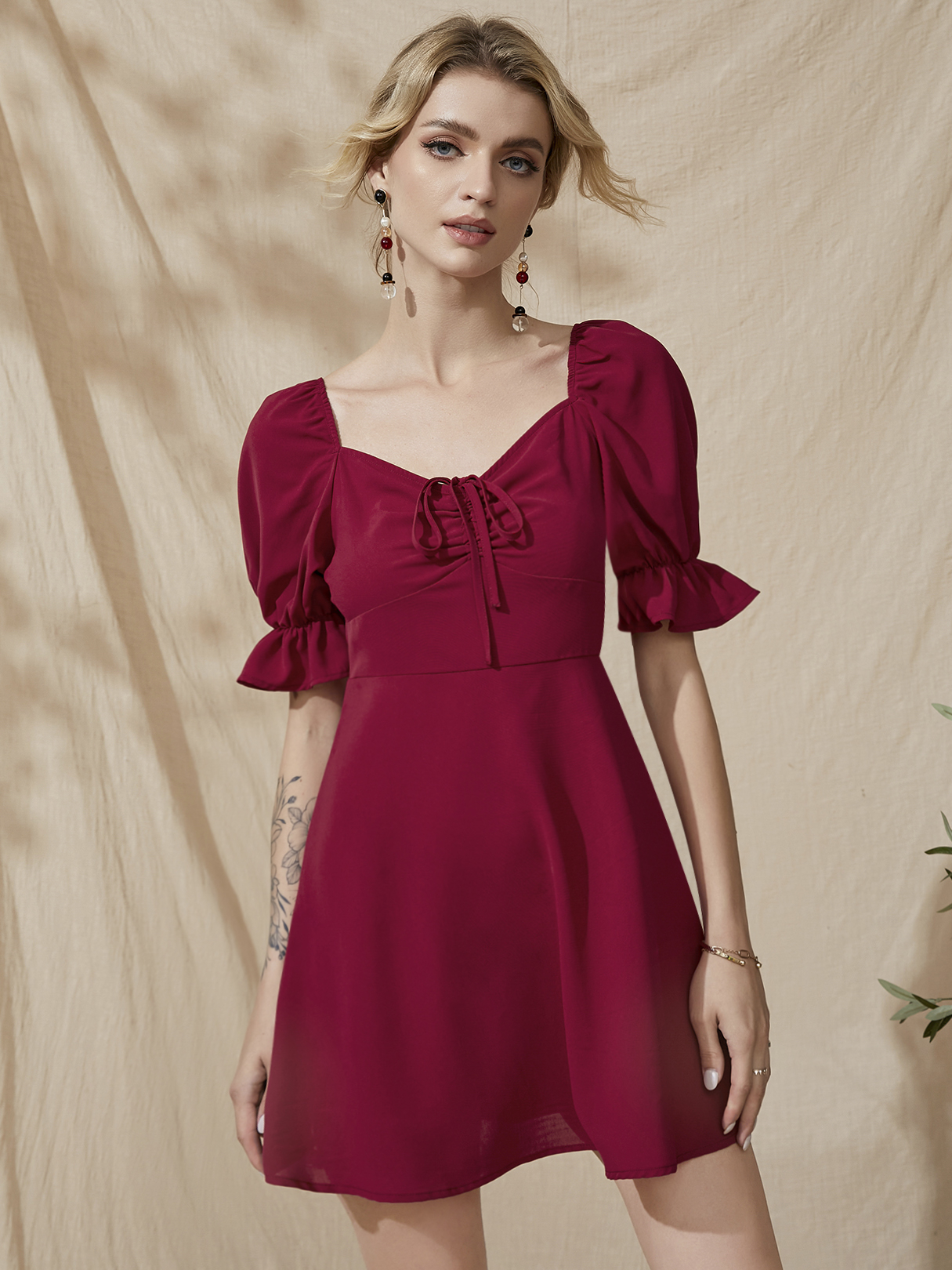 YOINS Red Drawstring Puff Sleeves Mini Dress
