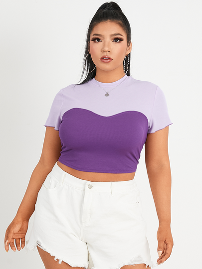 YOINS BASICS Plus Size Crew Neck Patchwork Short Sleeves Tee