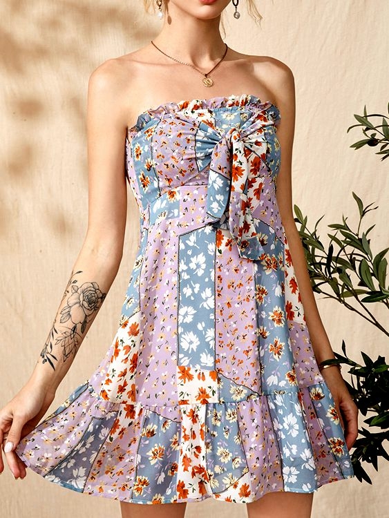 YOINS Purple Calico Tie-up Design Ruffle Trim Tube Dress