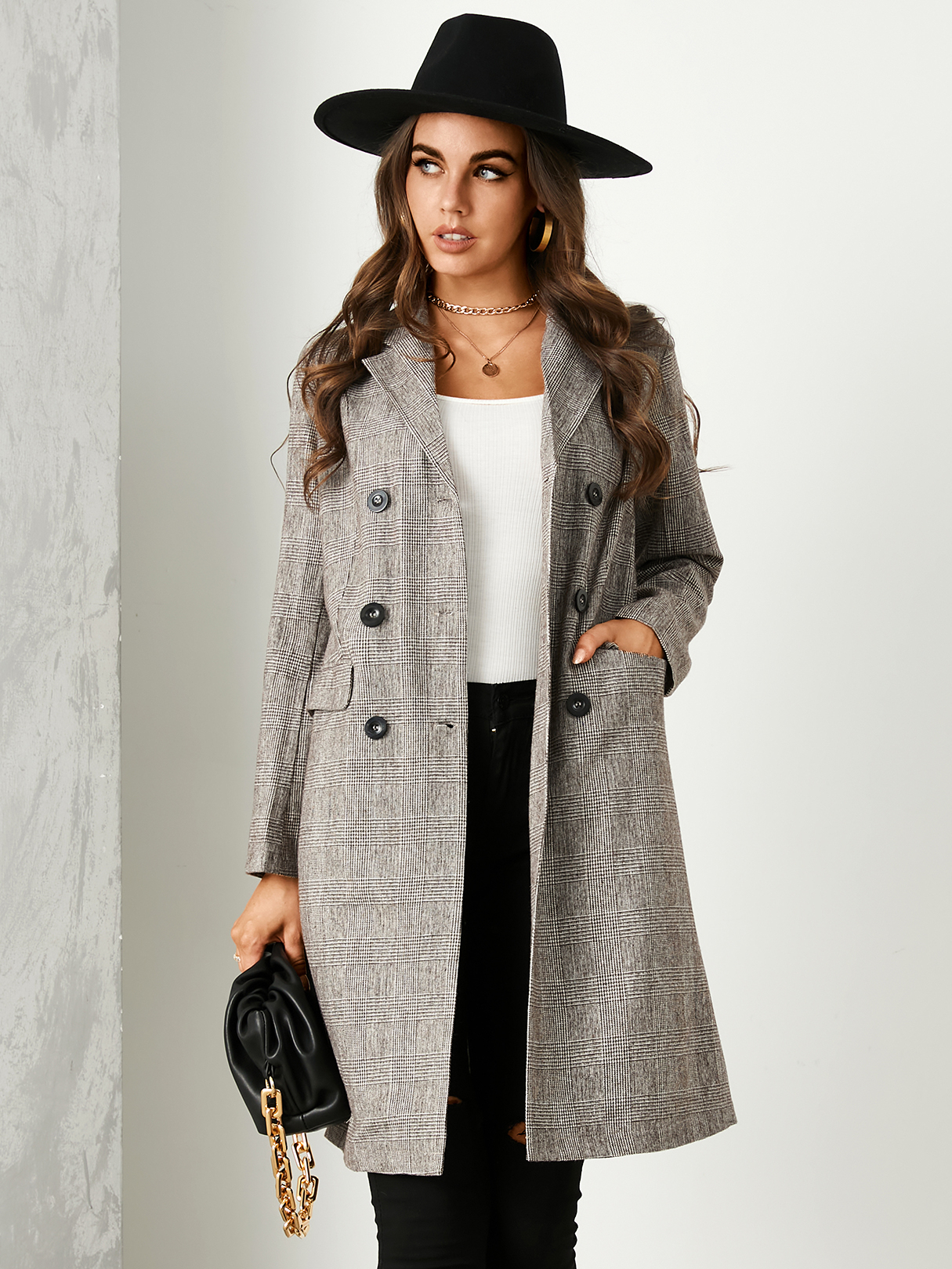 YOINS Brown Plaid Double Breasted Design Lapel Collar Coat