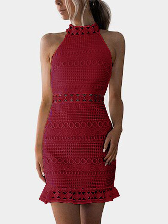 Red Lace Cut Out Design High Neck Sleeveless Dress