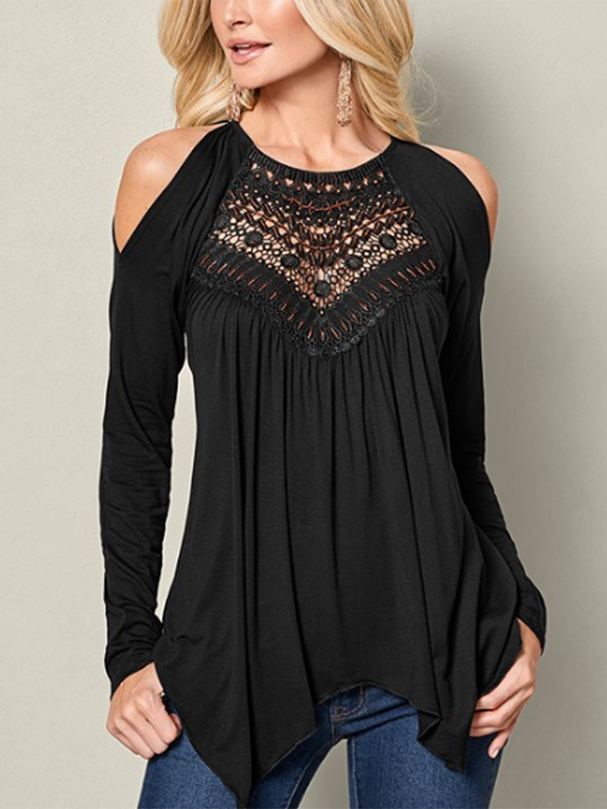 YOINS Black Hollow Design Cold Shoulder Long Sleeves Tee