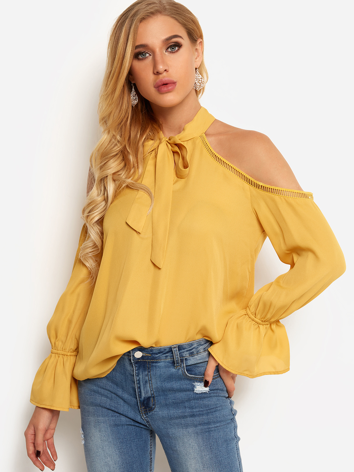 Yellow Cold Shoulder Self-tie Front Plain Hollow Details Blouses