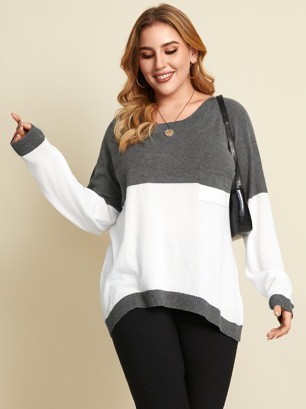 YOINS Plus Size Round Neck Patchwork Long Sleeves Sweater