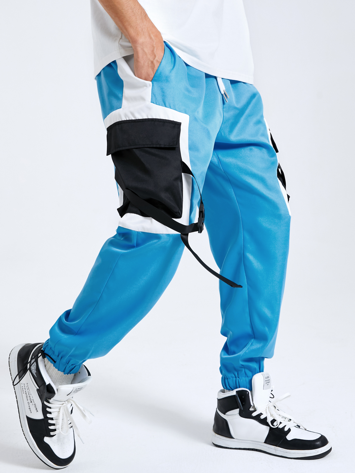 Men Hip Hop Streetwear Color Block Ribbons Design Cargo Pants
