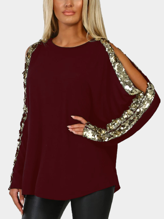 Burgundy Round Neck Long Sleeved with Cutout Gloss Sequins Top