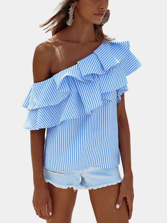 Blue Sexy Stripe Pattern One Shoulder Flouncy Details Top