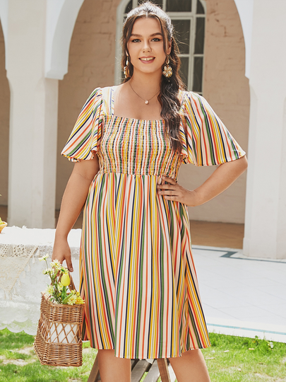 YOINS Plus Size Square Neck Striped Shirring Short Sleeves Dress