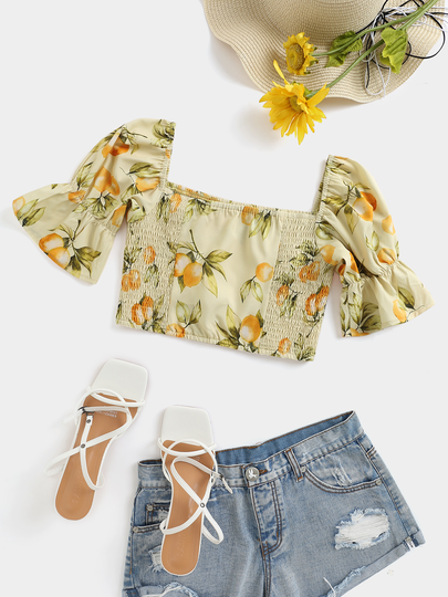 YOINS Leaf Print Shirring Square Neck Short Sleeves Blouse