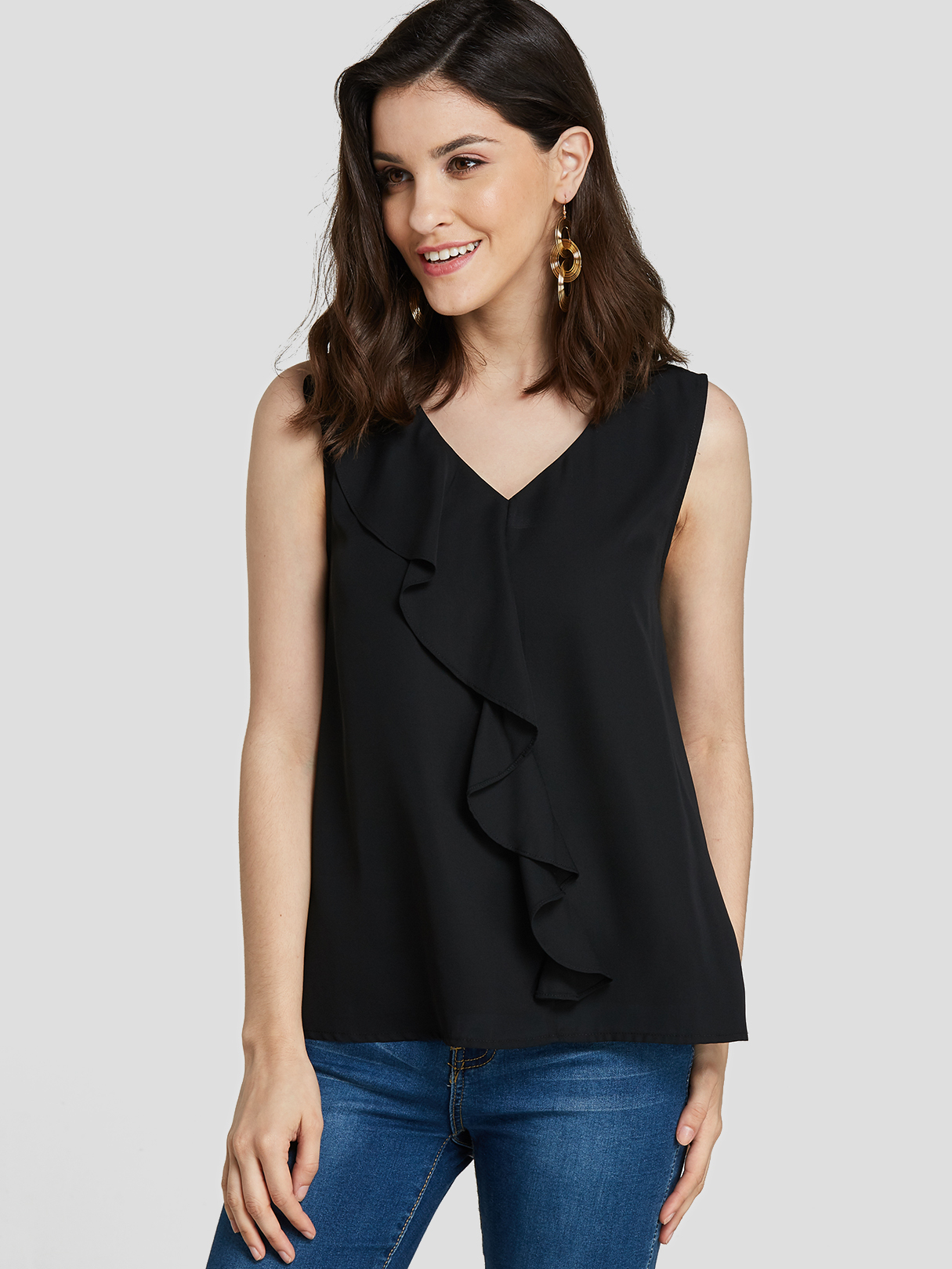 Black Ruffle Trim V-neck Sleeveless Top