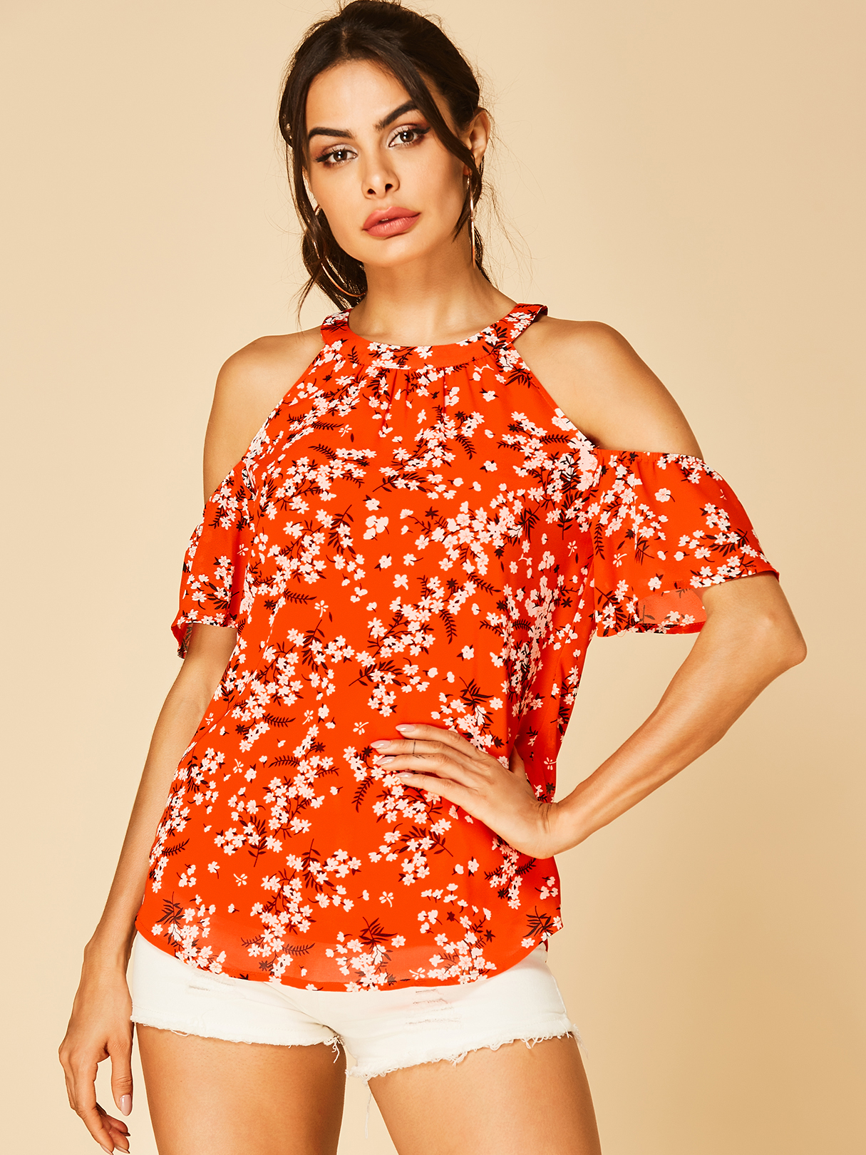 YOINS Orange Pleated Design Random Calico Cold Shoulder Blouse