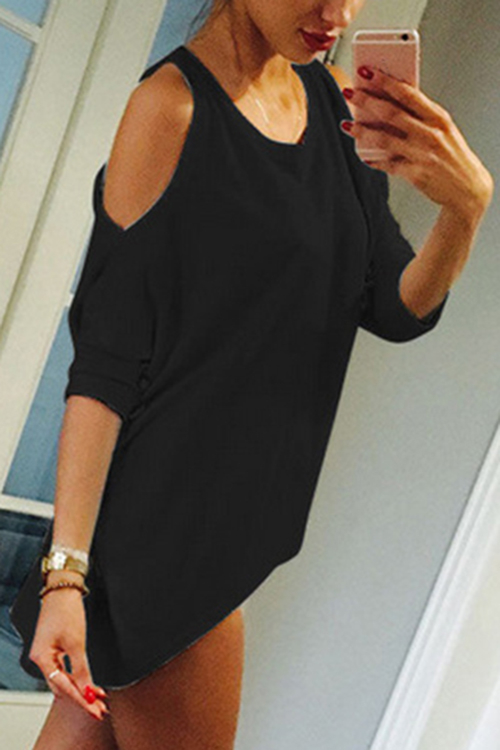 Black Round Neck Cold Shoulder Tee