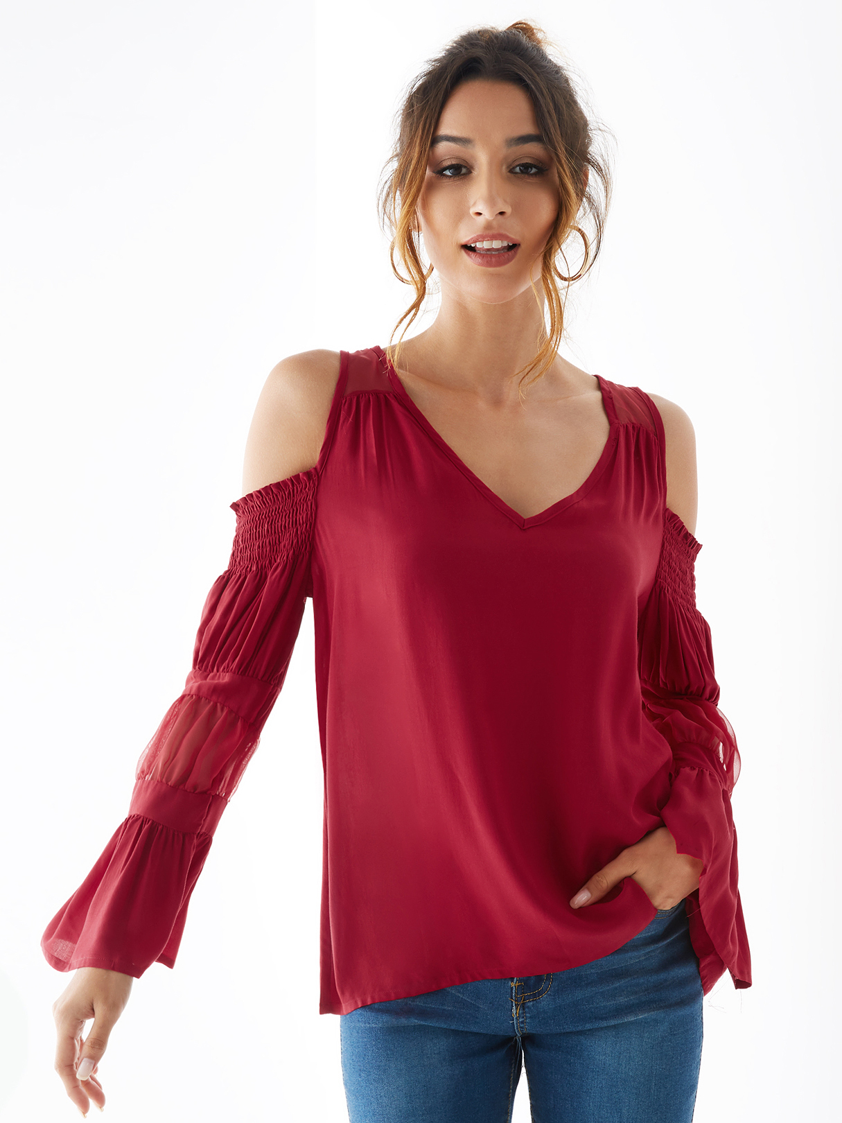 Burgundy V-neck Cold Shoulder Puff Sleeves Blouses