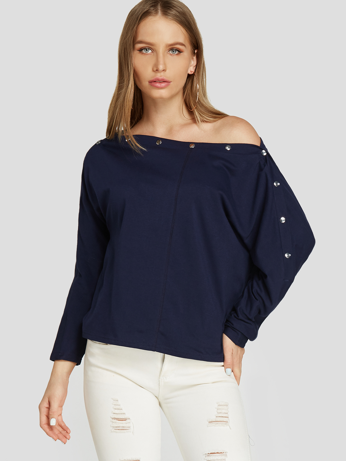 Navy Rivets Design One Shoulder Long Sleeves Blouse