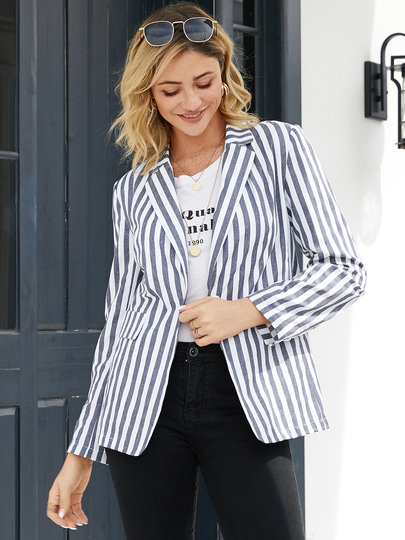 YOINS White Striped Notch Collar Long Sleeves Blazer