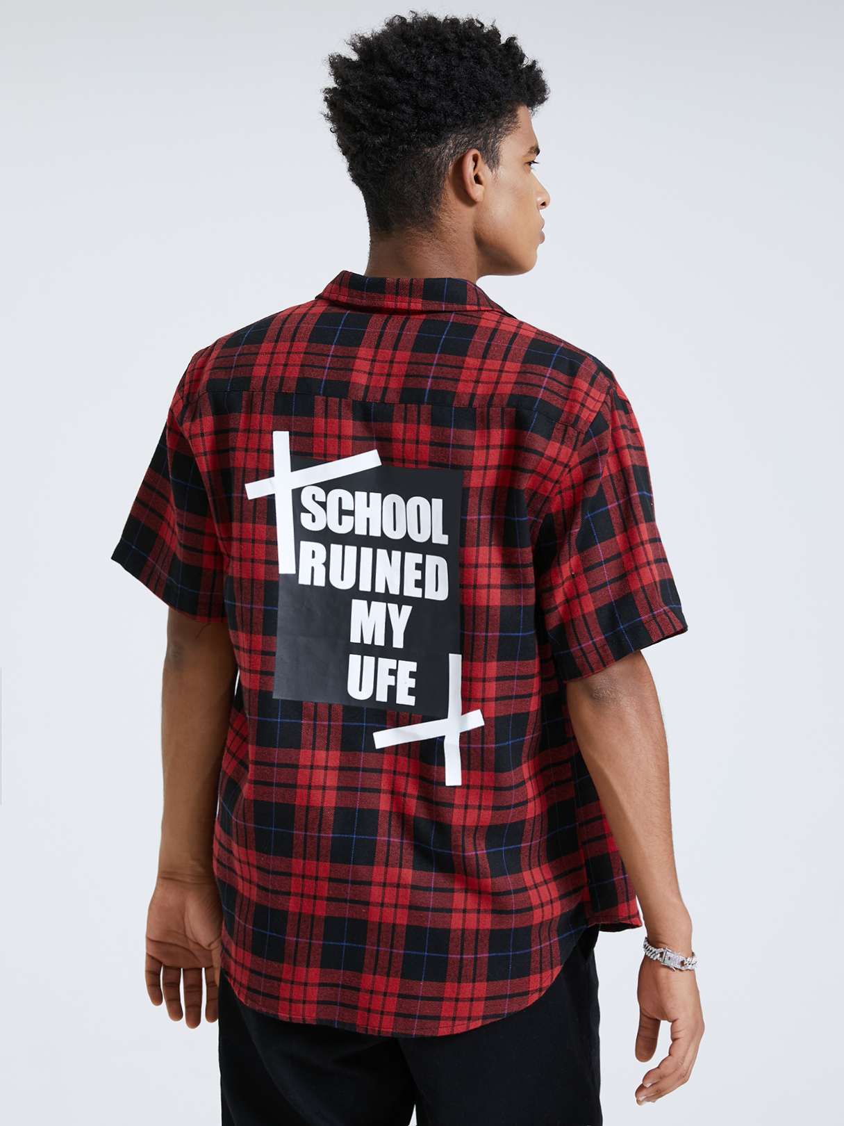 Men Back Letter Print Plaid Shirt