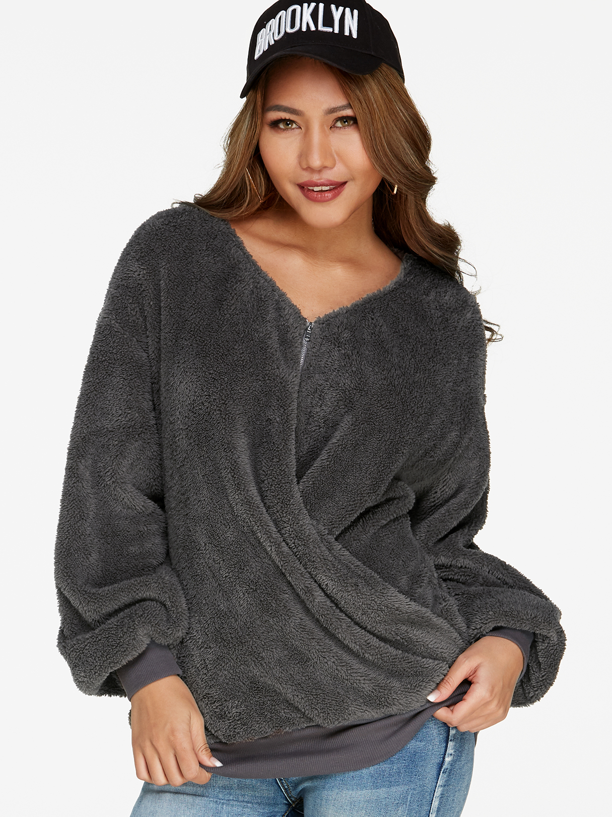 Grey Zip Design Plain V-neck Long Sleeves Loose Fit Woolen Sweatshirts