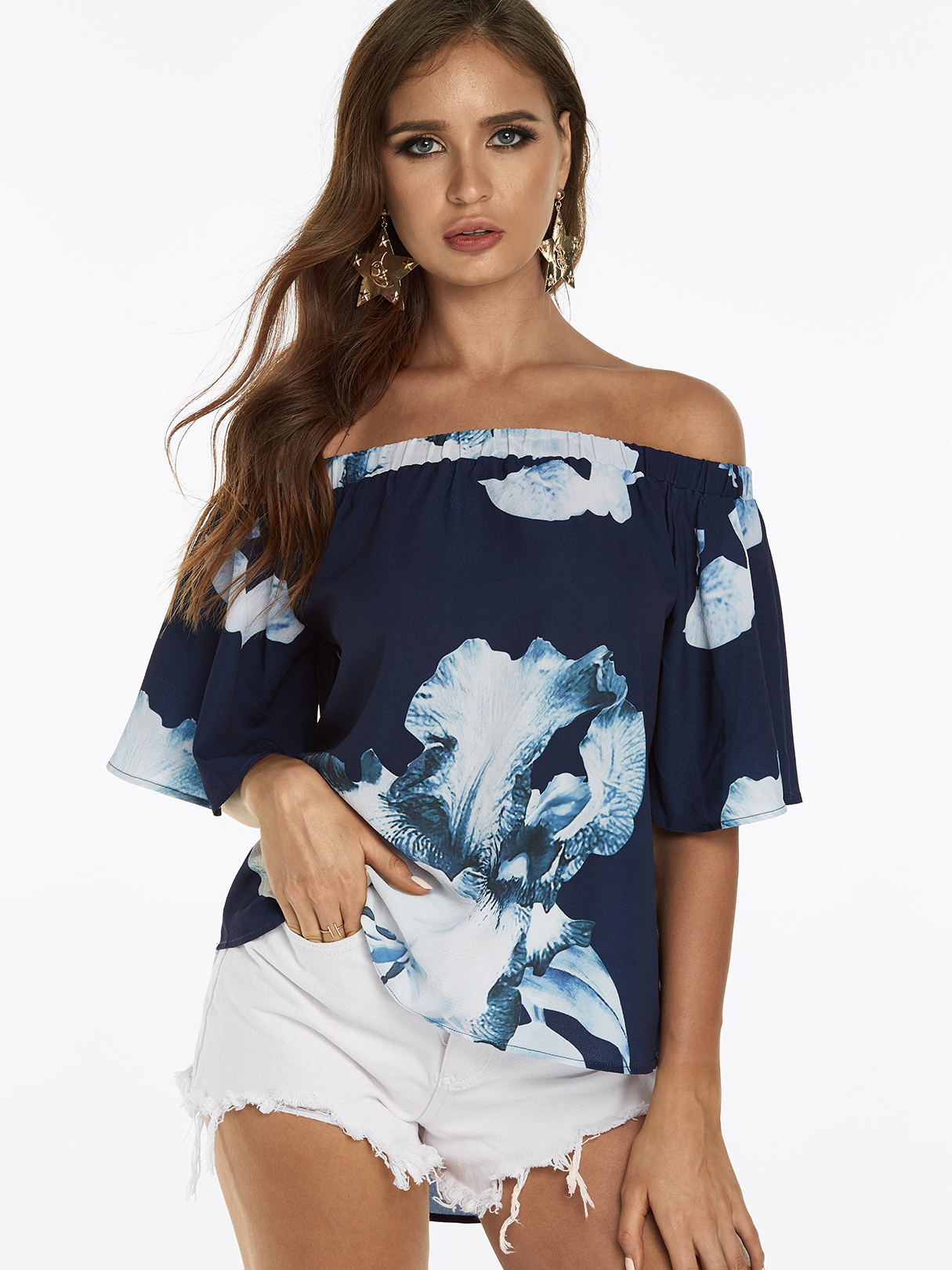 Navy Random Floral Print Off the Shoulder Irregular Hem Blouse