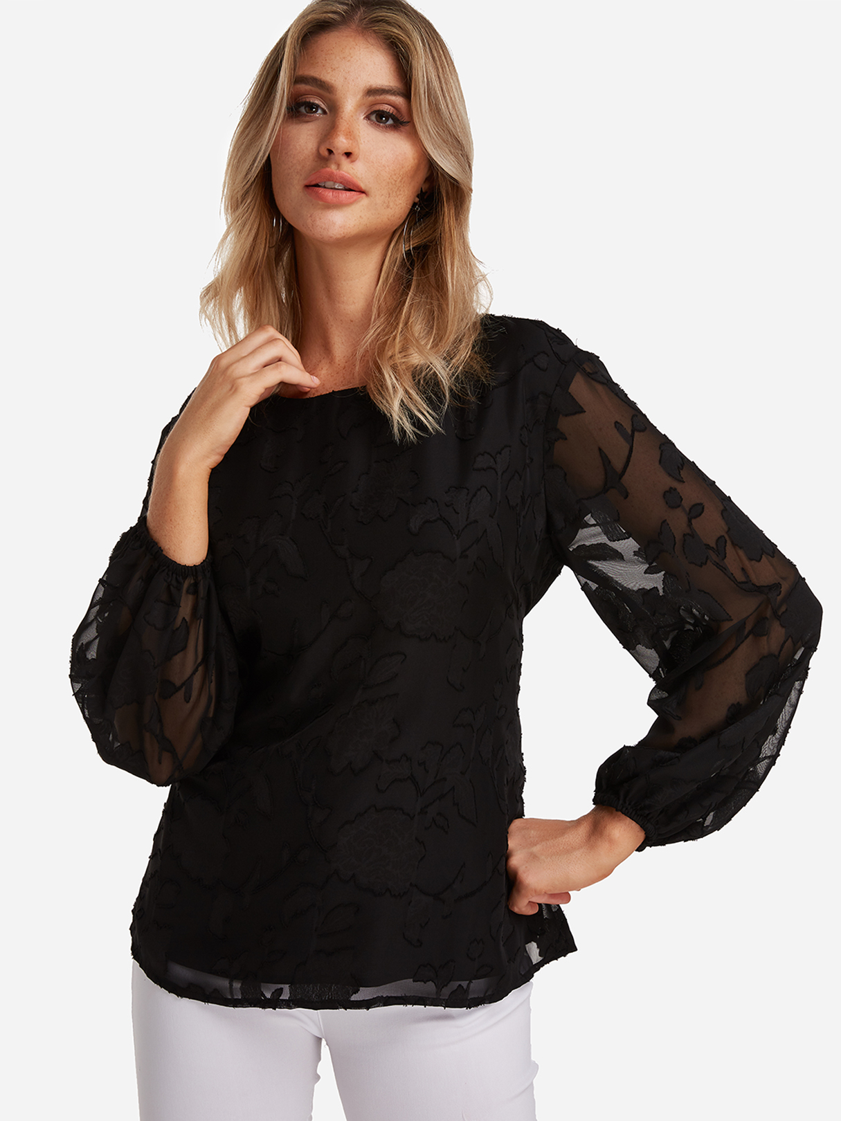 Black Lace Self-tie Design Round Neck Long Sleeves Blouse