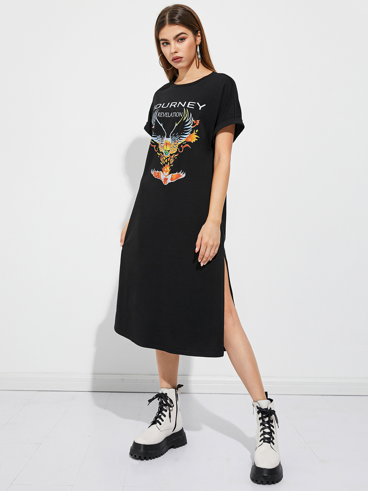 YOINS Black Round Neck Graphic Short Sleeves Midi Dress