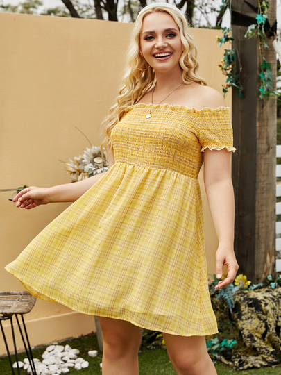YOINS Plus Size Off The Shoulder Plaid Shirring Short Sleeves Dress